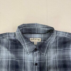 Orvis Mens XL Extra Large Button Down Shirt Short Sleeve Performance Plaid Blue